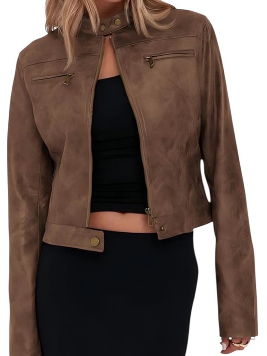 Onedreamer Jackets & Blazers - ONEDREAMER Women's Faux Leather Cropped Jacket Motorcycle Short Coat BROWN L